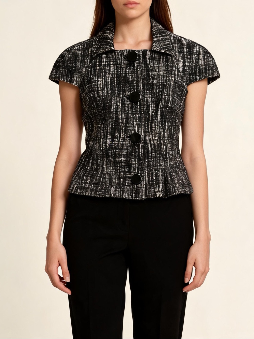 Michael Kors Tweed Cap Sleeve Jacket Made in Italy Black White Size 12